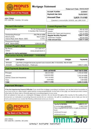 Sri Lanka People's Bank wyciąg z kredytu hipotecznego w formatach Word i PDF